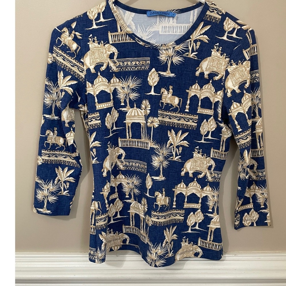 J.McLaughlin Size XS Catalina Cloth Top Blue Elephant India Toile 3/4 Sleeve